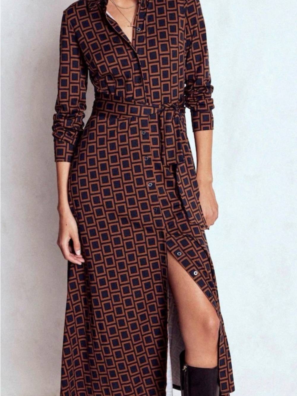 Boden Marcia jersey shirt maxi dress Brown and blue Grid Front button